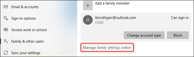 Windows 10 Manage Family Settings