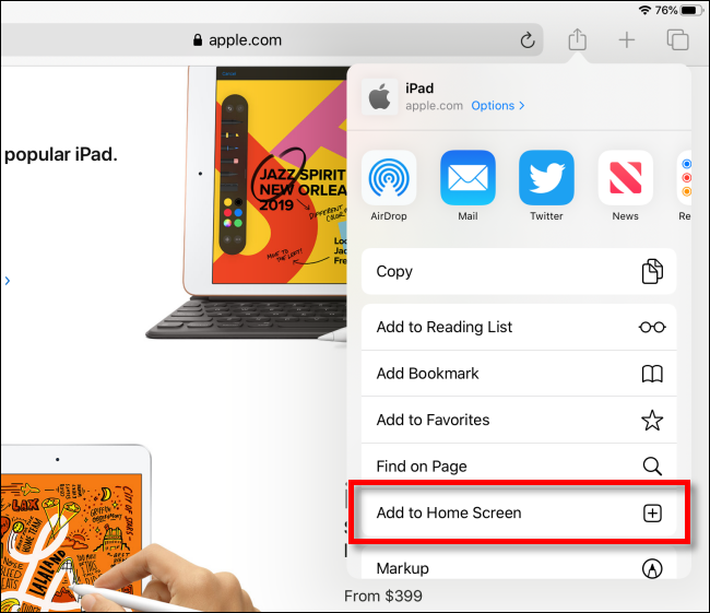 Tap Add to Home Screen in Safari on iPad