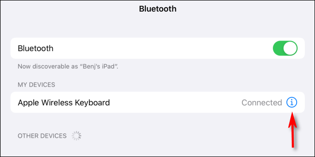 Tap Info Icon in My Devices on Bluetooth in Settings for iPad
