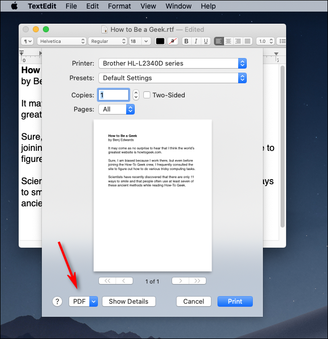 Click PDF drop-down menu in macOS
