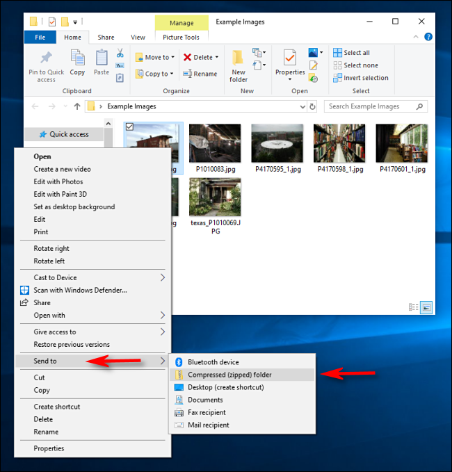 Click Send To Compressed Folder in Windows 10