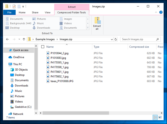 A list of compressed files in Windows 10