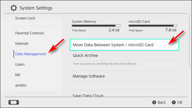 Select Data Management on Nintendo Switch