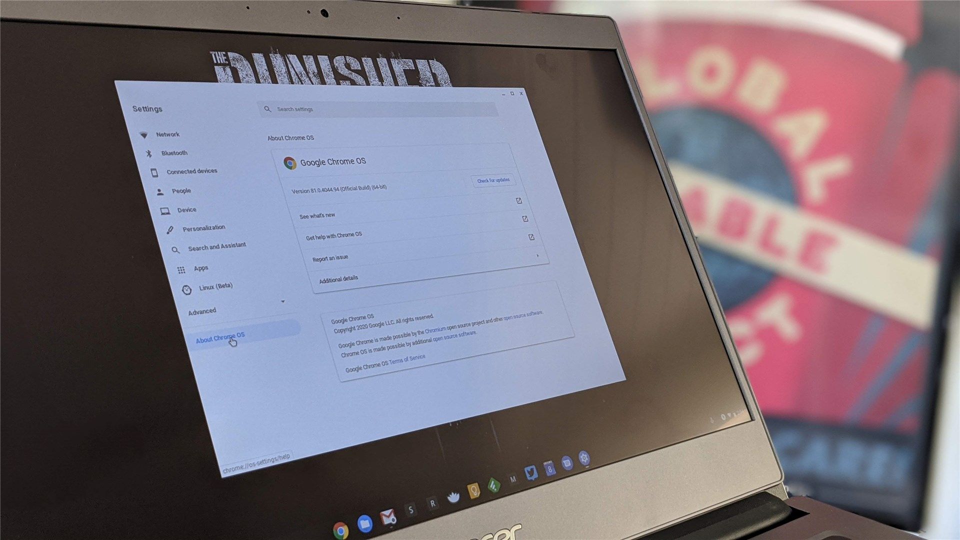 The Chrome OS settings window the Acer Chromebook 714