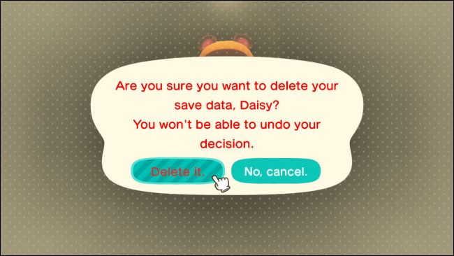Delete Resident Data confirmation in Animal Crossing: New Horizons