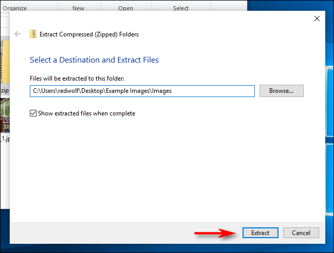 Decide extraction path in Windows 10