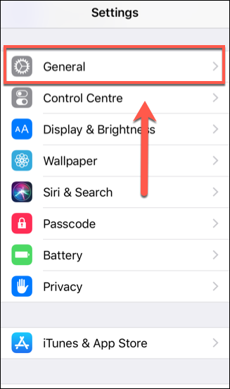 Tap General in the iOS settings menu