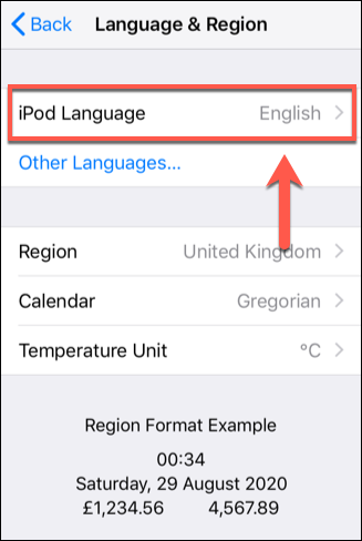 Tap the Language option for your iOS device in the Language &amp; Region menu