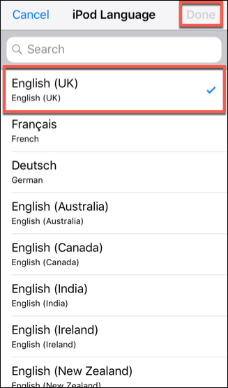 Select an iOS language, then press Done to confirm it.