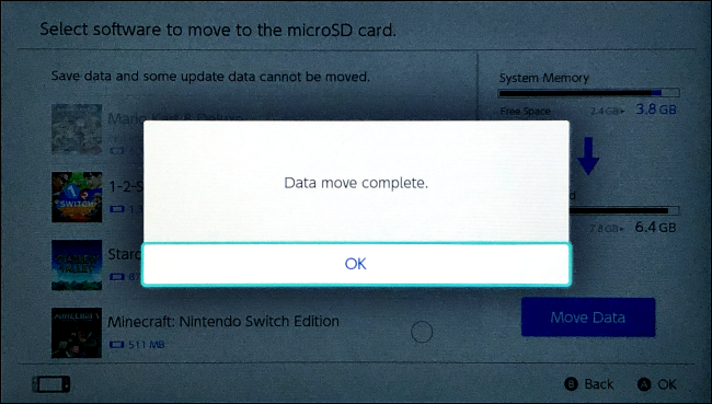 Data move complete on Nintendo Switch