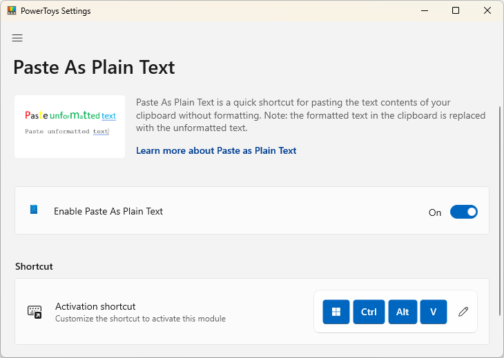 The Paste as Plain Text tool on Windows 11.