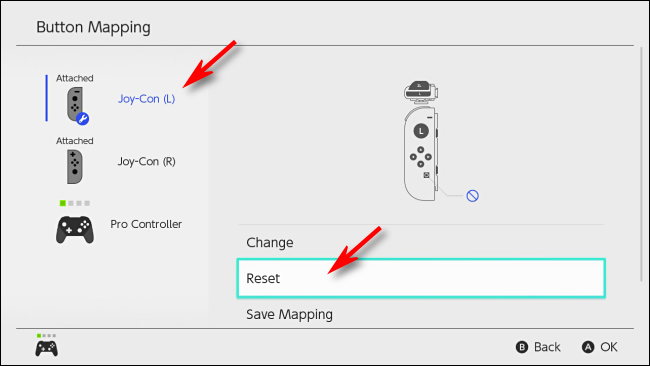 Select Reset to reset button mapping on Nintendo Switch