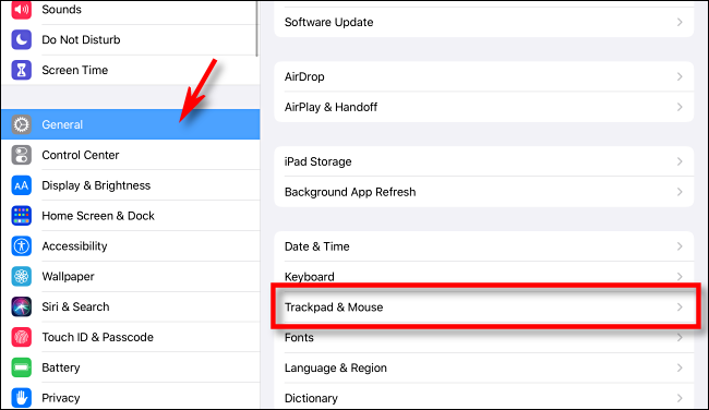 Select Trackpad and Mouse in Settings on iPad
