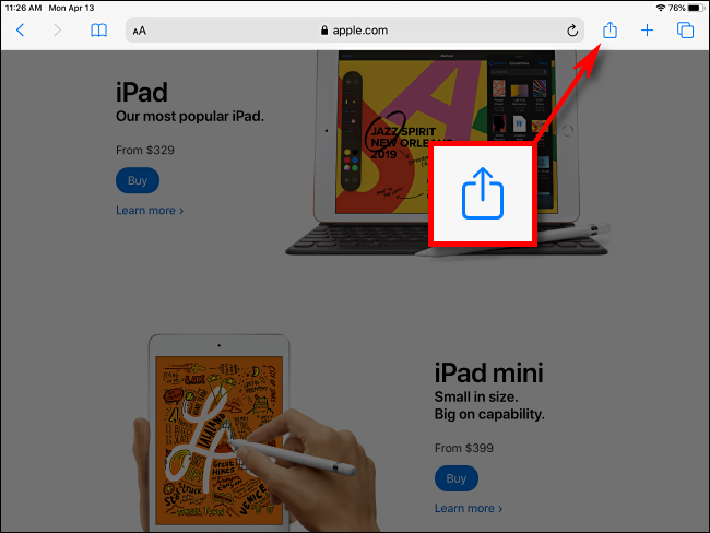Tap the Share button in Safari on iPad