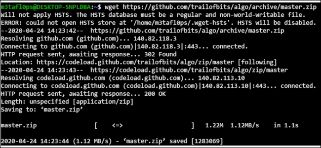 The wget utility in a terminal program. A black background with white lettering.