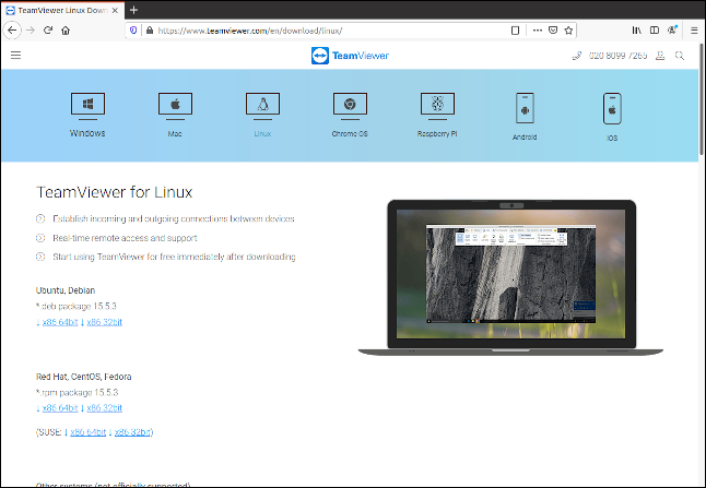 TeamViewer Linux download page in a browser window