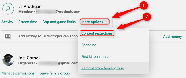 Microsoft Family Group Content Restrictions Button