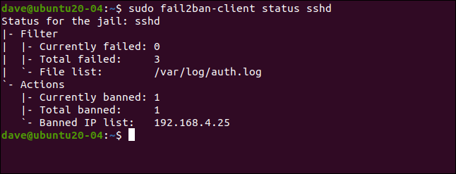sudo fail2ban-client status sshd in a terminal window