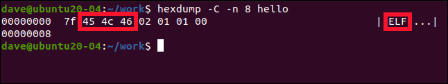 hexdump -C -n 8 hello in a terminal window