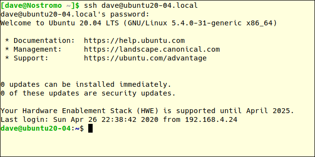 ssh dave@ubuntu20-04.local in a terminal window