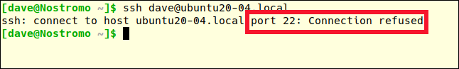 ssh dave@ubuntu20-04.local in a terminal window with connection refused response