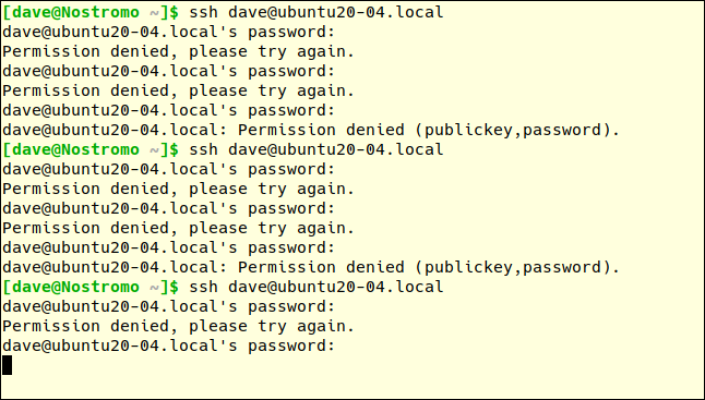 ssh dave@ubtuntu20-04.local in a terminal window with many failed password attempts