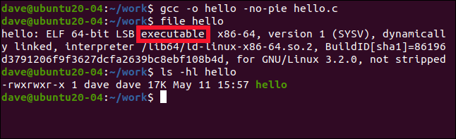 gcc -o hello -no-pie hello.c in a terminal window