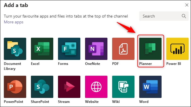 The &quot;Add a tab&quot; window with the Planner option highlighted.