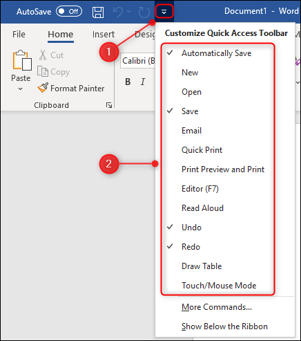 The &quot;Customize Quick Access Toolbar&quot; menu.