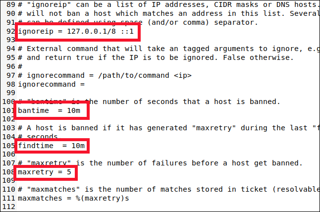 /etc/fail2ban/jail.local opened in a gedit window and scrolled to line 89