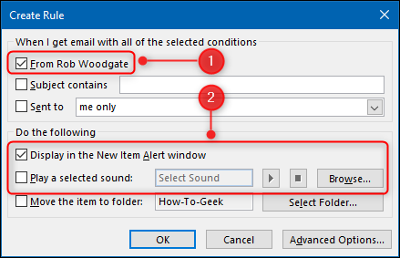 The &quot;Create Rule&quot; window with the alert options highlighted.
