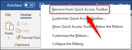 The &quot;Remove from Quick Access Toolbar&quot; menu option.