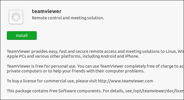 Ubuntu Software application showing the install option for TeamViewer