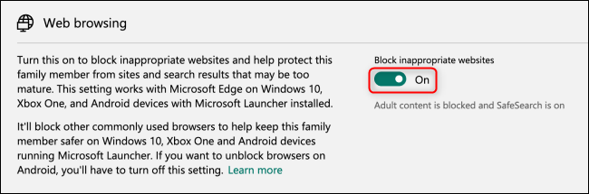 Microsoft Family Group Web Browsing Block Toggle
