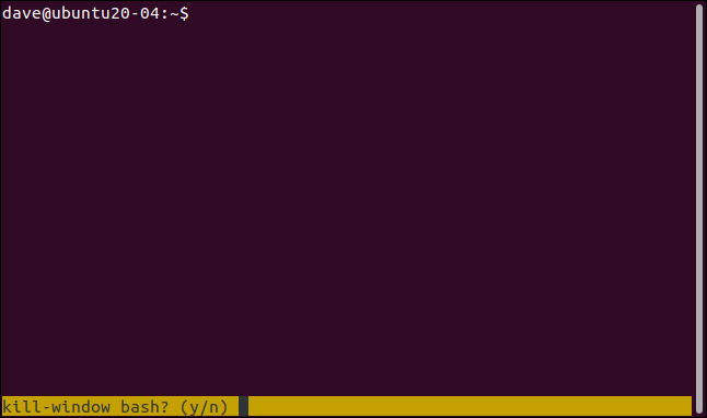 tmux session with an amber status bar and close this window yes or no prompt, in a terminal window