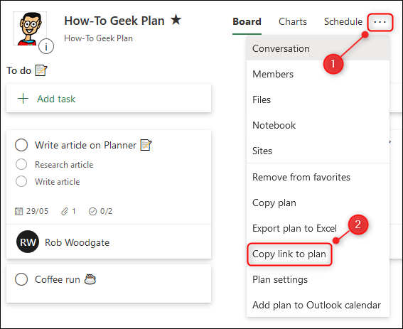 The &quot;Copy link to plan&quot; option in the Planner menu.