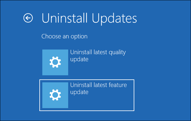 Selecting &quot;Uninstall latest feature update&quot; on the Uninstall Updates screen