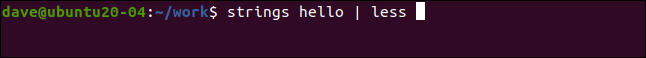 strings hello | less in a terminal window