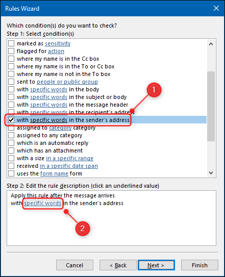 The &quot;with specific words in the sender's address&quot; option in the Rules Wizard.