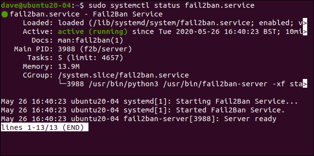 sudo systemctl status fail2ban.service in a terminal window