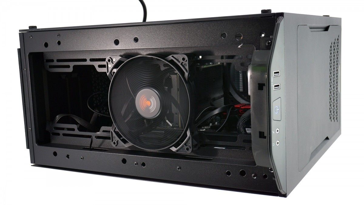 A desktop PC with exposed fan. 