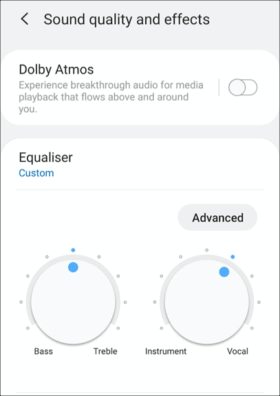 The equalizer settings on a Samsung Galaxy S9 on Android 10