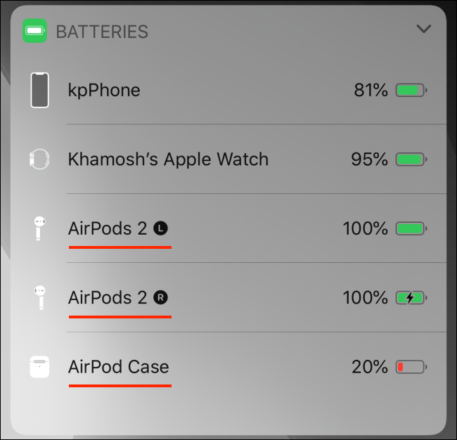 Batteries widget showing AirPods battery on iPhone