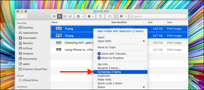 Click Compress to zip files on the Mac
