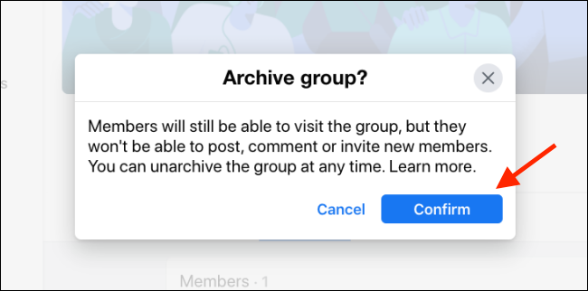 Click Confirm to Archive Facebook Group