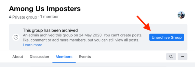 Click Unarchive Group to restore the Facebook Group