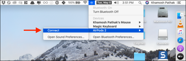 Click on Connect from AirPods menu in Bluetooth
