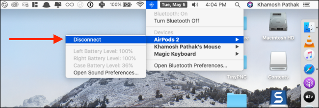 Click on Disconnect to from AirPods Bluetooth menu on Mac