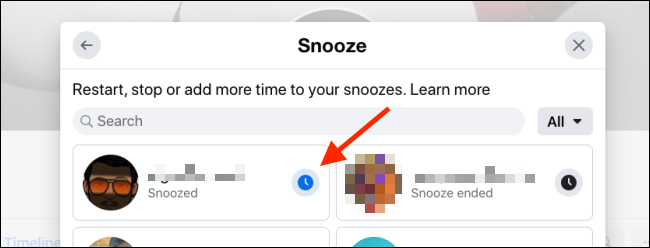 Click on Snooze button to disable temporary mute for the Facebook user