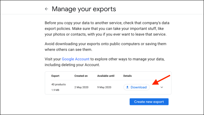 Click on download to download your Google data using Google Takeout